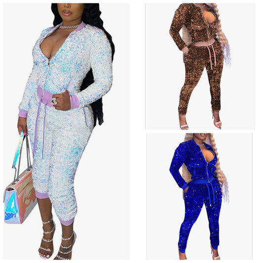 COCOMONEY Velour Tracksuit Womens Sequin 2 Piece Outfit Long Sleeve Zip Up Jacket and Jogger Pants Sweatsuits Set