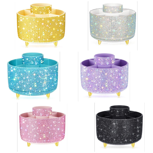 Bling Desk Accessories Organizer for Women Teen Girls Christmas Birthday Gift Bling Pen Holder Rhinestone Makeup Brush Holder with 5 Slots Rotating Diamond Skincare Organizer Countertop