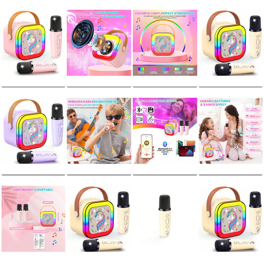 Brown Karaoke Machine Kids With 2 Microphones, Wireless Bluetooth Speaker, Unicorn Gifts For Girls, For 6up Year Old Girls Birthday Presents Microphone For Kids Toys abs