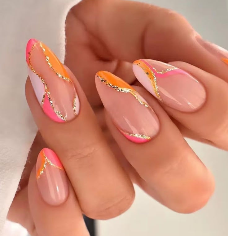 6 Packs (144 Pcs) Press on Nails Medium Almond Fake Nails French Tip False Nails with Designs Leaf Glue on Nail Full Cover Glossy Acrylic Stick on Nail for Women Manicure