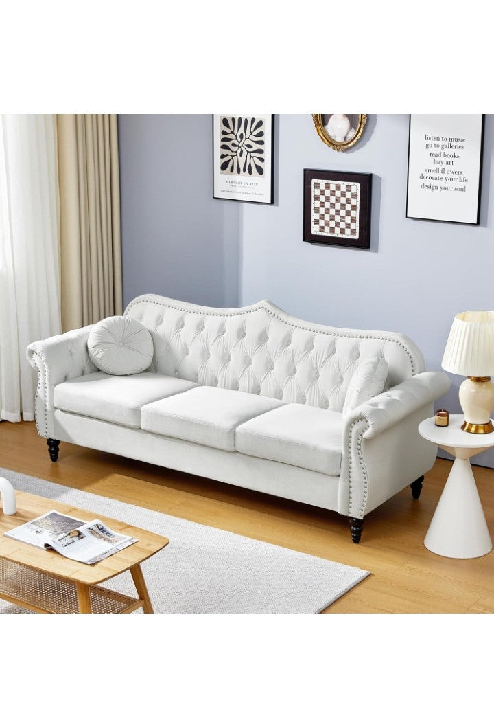 82" Three Seater Sofa, Chesterfield Sofa, Mid-Century Modern Velvet Upholstered Sofa, Deep Button Tufted Living Room Sofa with Two Throw Pillows,