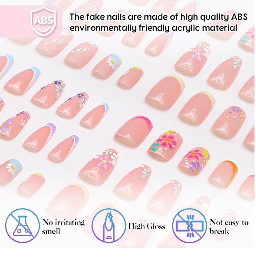 6-Pack Square Press-On Nails: 12 Sets (144 Pcs) French Tip Fake Nails with Flower Design - Full Cover, Colourful Artificial, Reusable False Nails Kit - Cute Glue-On Nails for Women & Girls