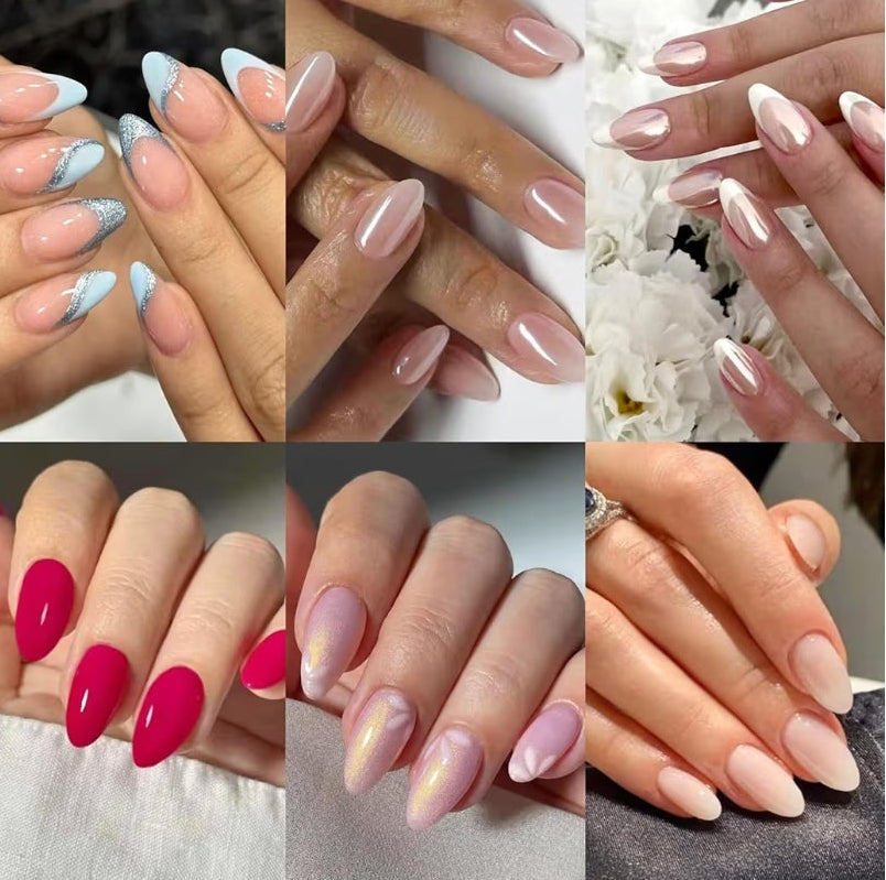 6 Packs (144 Pcs) Press on Nails Almond,Pink Press on Nails Medium,Short Almond Press on Nails,French Tip Fake Nails,Ombre Glue on Nails,Gel False Nails for Women, Stick on Nails Kit 12 styles