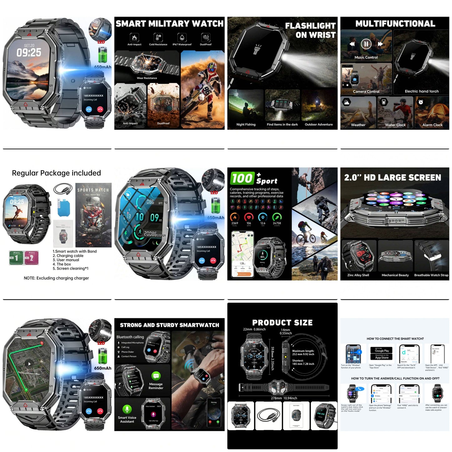 Smart Watch (Answer/Call) 2.01 Inch (Approx. 5cm) HD Display, Men's Smart Watch, Fitness Tracker, 100+ Sports Modes, Waterproof /Sleep Monitor, Pedometer, For Android IOS, 650mAh Big Battery