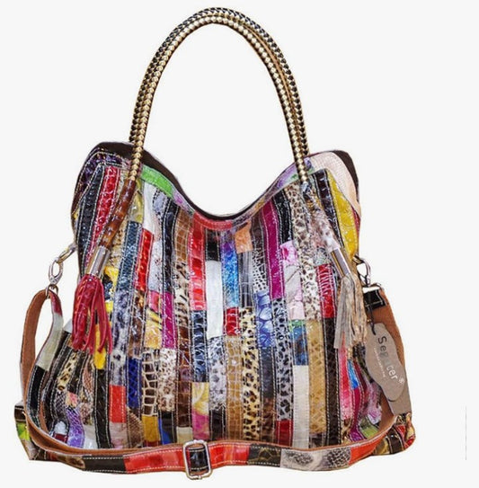 Multicolor Big Boston Bag Genuine Leather Colorful Patchwork Large Tote Handbag Purses