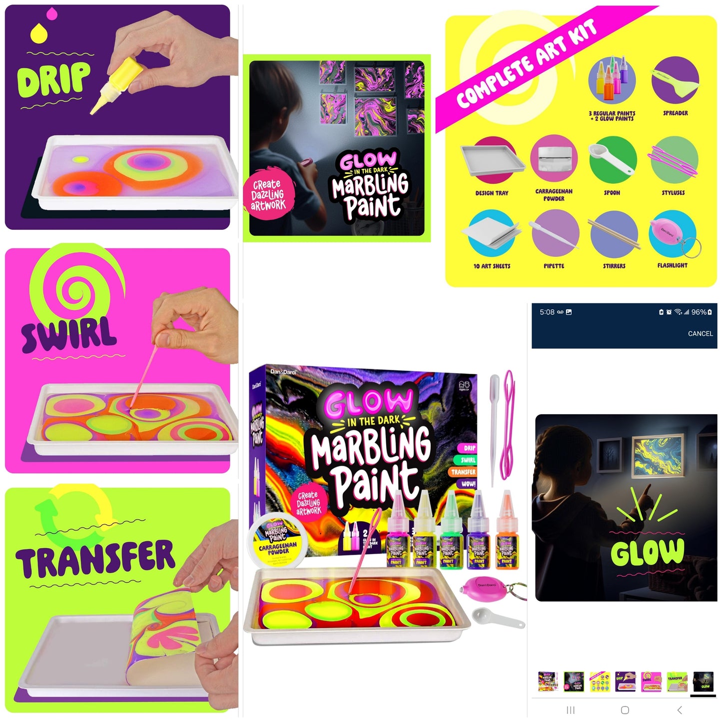 Glow in The Dark Marble Paint Kit for Kids - Water Marbling Painting Art Set for Boys & Girls Ages 6, 7, 8, 9, 10, 11, 12 Year Old - Kid Crafts Birthday Gifts Toys - Arts Craft Activities