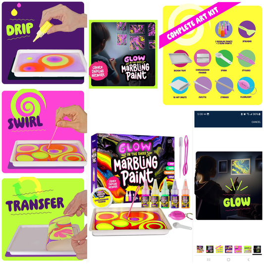 Glow in The Dark Marble Paint Kit for Kids - Water Marbling Painting Art Set for Boys & Girls Ages 6, 7, 8, 9, 10, 11, 12 Year Old - Kid Crafts Birthday Gifts Toys - Arts Craft Activities