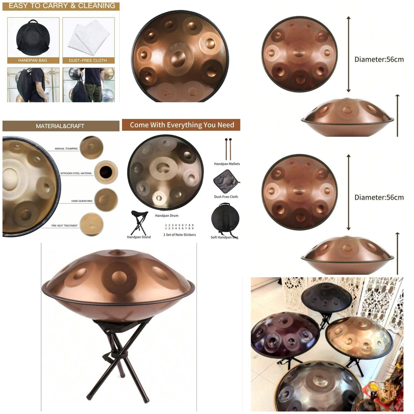 Golden 10notes Handpan For Musical Lover 22inch Handmade Drum With Whole Sets For Adults Percussion Instruments