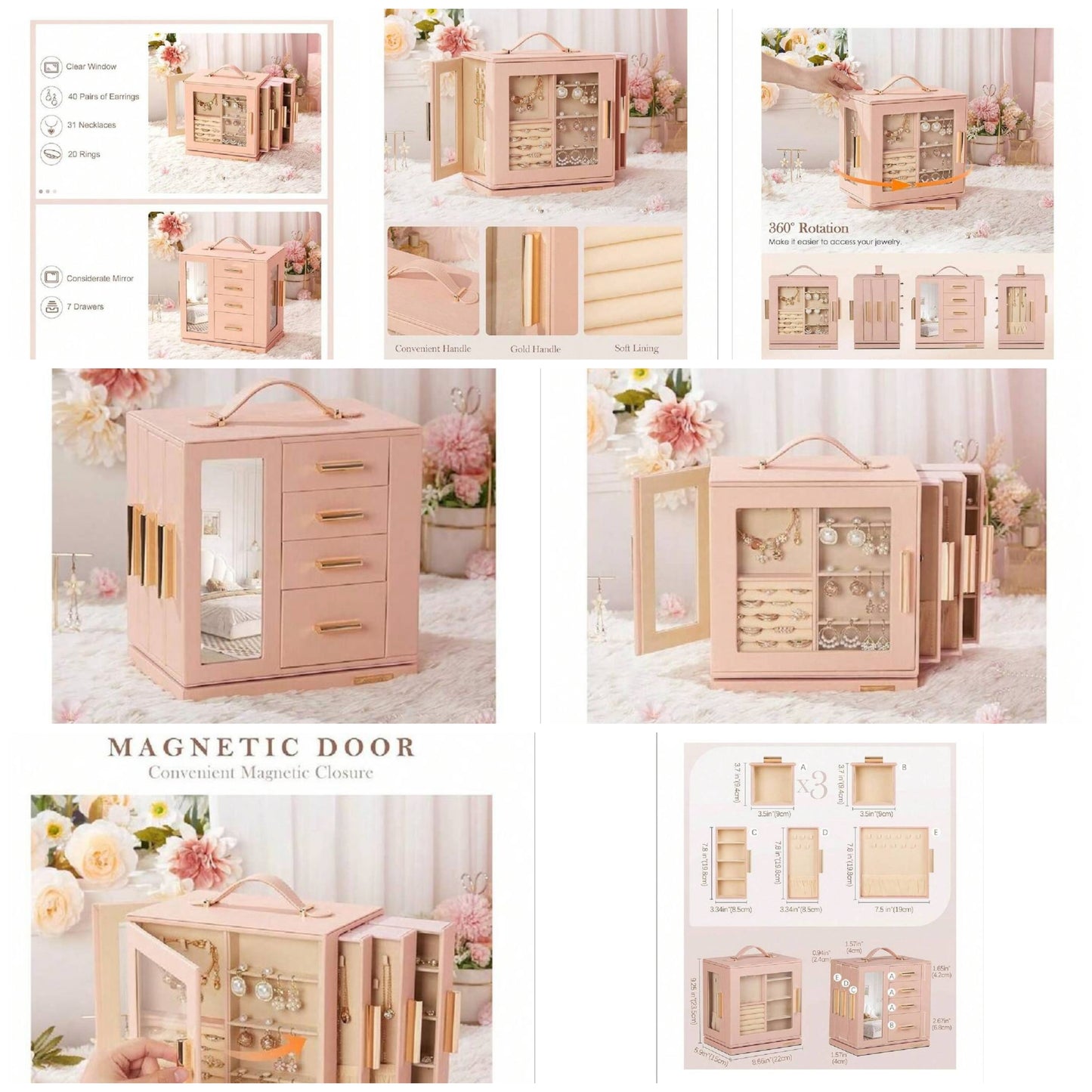 Jewelry Box 360° Rotating, Necklace Earring Organizer With Transparent Window, Mirror, 7 Drawers, Large Ring Display Storage Case For Girls Women pink