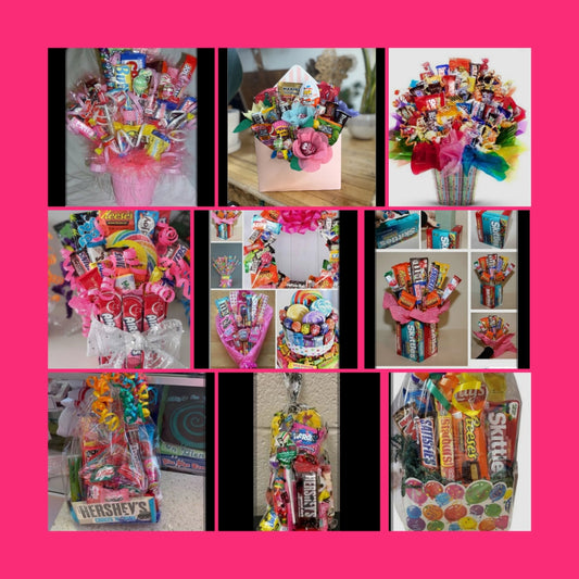 CUSTOM Candy Gift baskets, Gift bags, Gift boxes, Gift buckets, Gift vases, and more