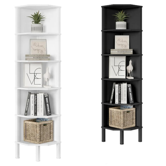 Corner Shelf, Corner Stand Rack, Freestanding Wooden Corner Bookshelf, Plant Display Shelving Unit for Small Space, Living Room, Bedroom, Office (White, 6 Tier)