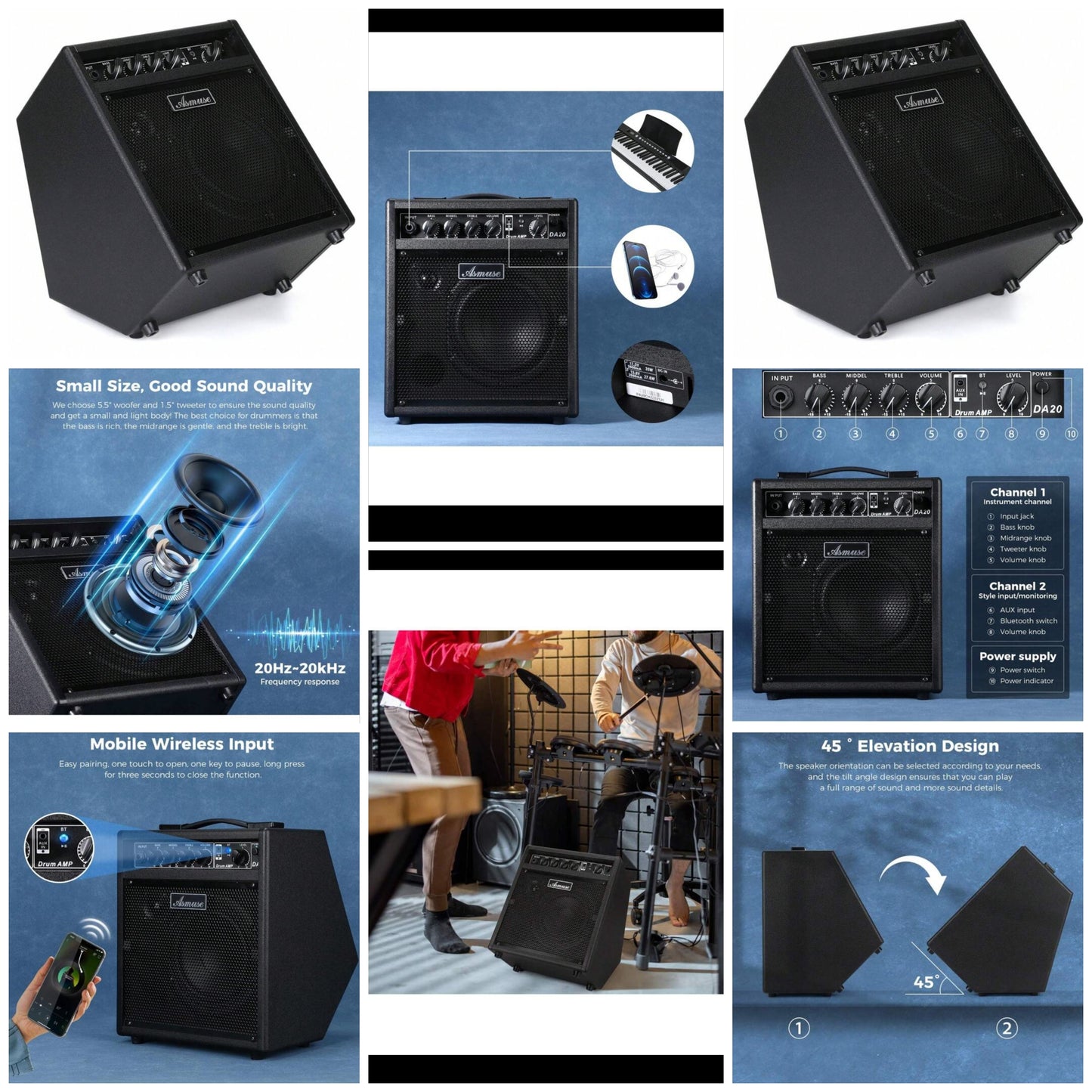 Electric Drum Amp, Portable 25W Practice Drum Amplifier Speaker With AUX Input, Volume, Treble, And Middle Controls