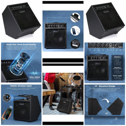 Electric Drum Amp, Portable 25W Practice Drum Amplifier Speaker With AUX Input, Volume, Treble, And Middle Controls