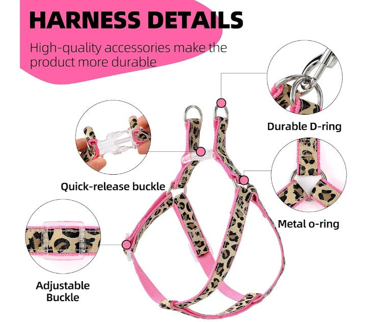 Leopard Dog Harness Collar Leash Set | Adjustable No Pull Dog Halter Harness for Medium Breed Dogs | Easy Control for Training Walking