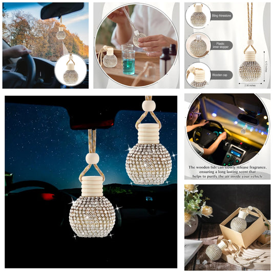 2 Pcs Bling Car Air Freshener Hanging Crystal Ball Empty Essential Oil Diffuser Car Rear View Mirror Pendant Perfume Bottles Gifts Interior Decoration