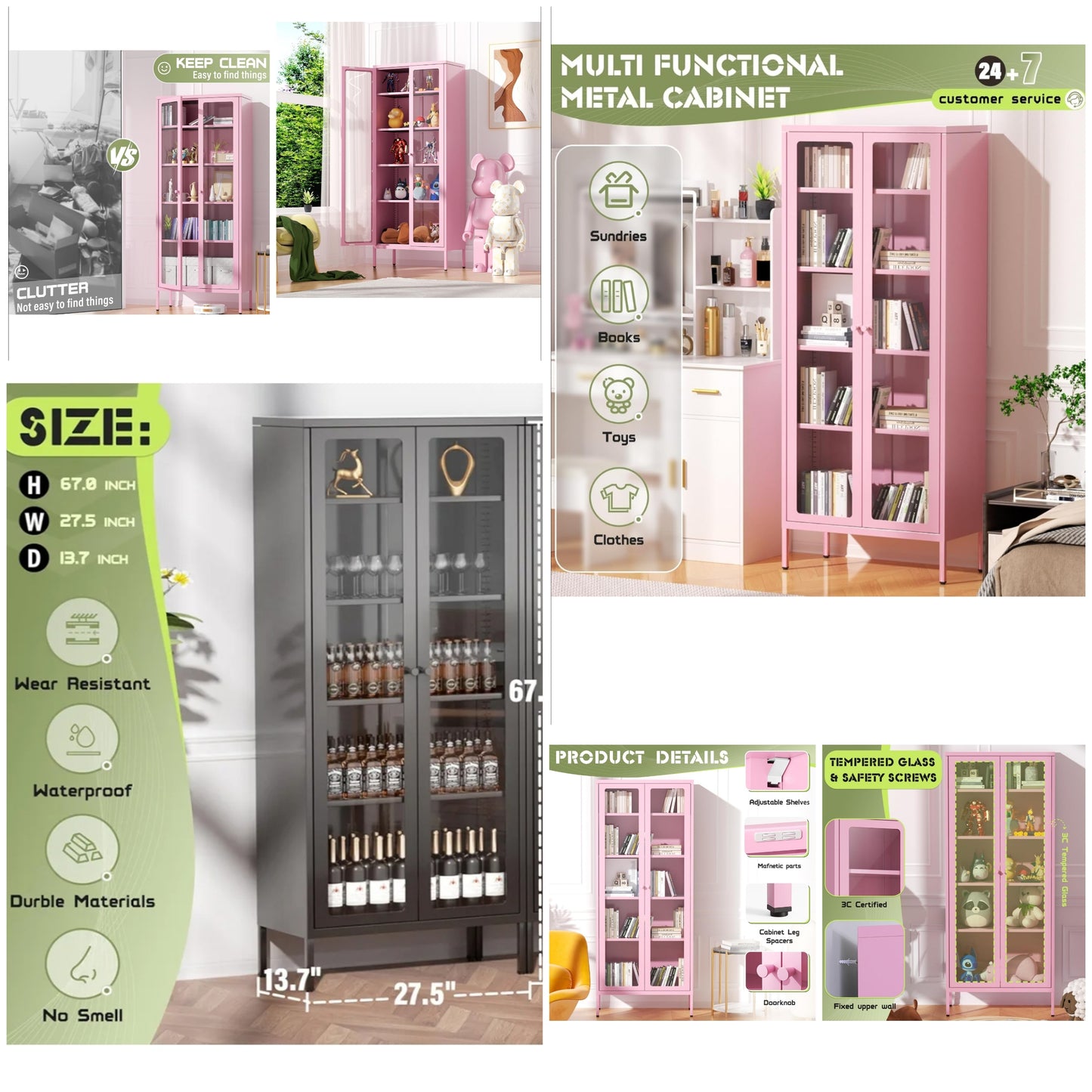 Metal Display Cabinet with 4 Adjustable Shelves, White Glass Doors, 5 Tiers, Home Office, Living Room