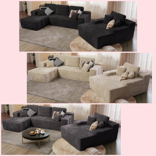 3-Piece No-Assembly Living Room Set, Plush Corduroy Modern Sectional Sofa With Loveseat And Chaise Lounge Bonless no wood or metal Boneless couch