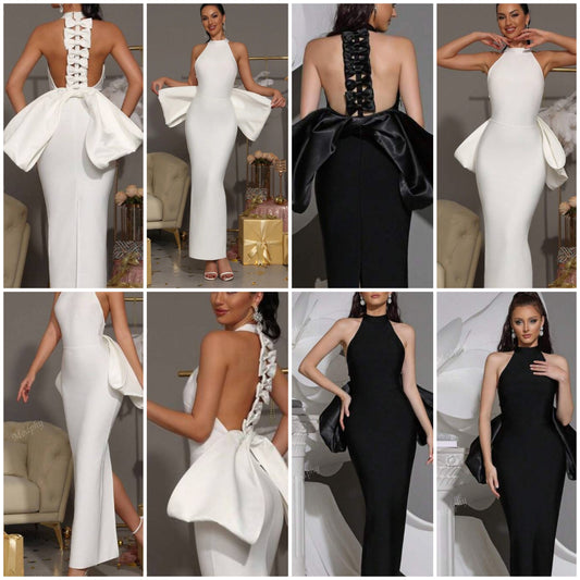 Sexy Backless Off Shoulder Bandage Bow Halter Maxi Dress Graduation White Dress Evening Festival Party Lady Robes Birthday Women Outfit COCOMONEY