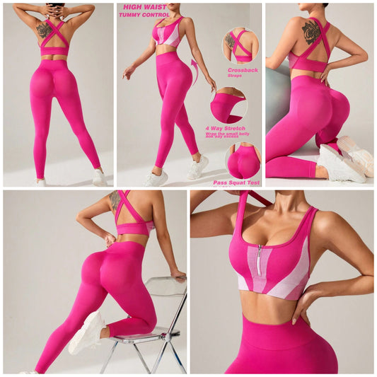 Sport Studio Women's Zipper Front Color Block Cross Back Sleeveless Top And High Waisted Leggings Sports Set Workout Women Set COCOMONEY