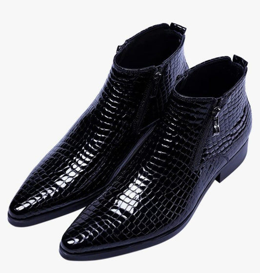 Men's Ankle Patent Leather Fashion Plaid Zipper Pointed Toe Casual Boots