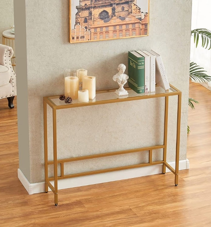 Modern Console Table for Entryway, Tempered Glass with Metal Frame Sofa Table for Living Room, Hallway, Office (Single-Layer, Gold)