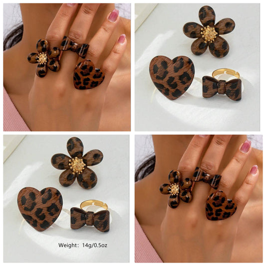 3pcs Exaggerated Wide-Band Cute Bubble Flower Heart Bowknot Unique Mixed Leopard Acrylic & Wood Grain Texture Rings For Women, Cocomoney Versatile Style For Girlfriend Gift, Valentine's Day Celebration,Mom,Mother,Mother's Day,Gift