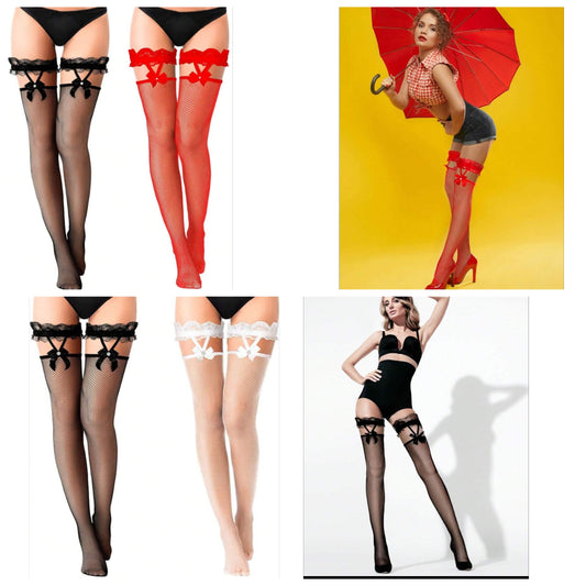 2 Pairs Lace Top Fishnet Stockings Bow Suspenders Thigh High Stockings Mesh Hold Up Stockings For Women