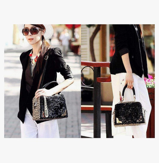 Women's Leopard Print Black Purse Handbag Hobo Style Sequin PU Leather Shoulder Bag