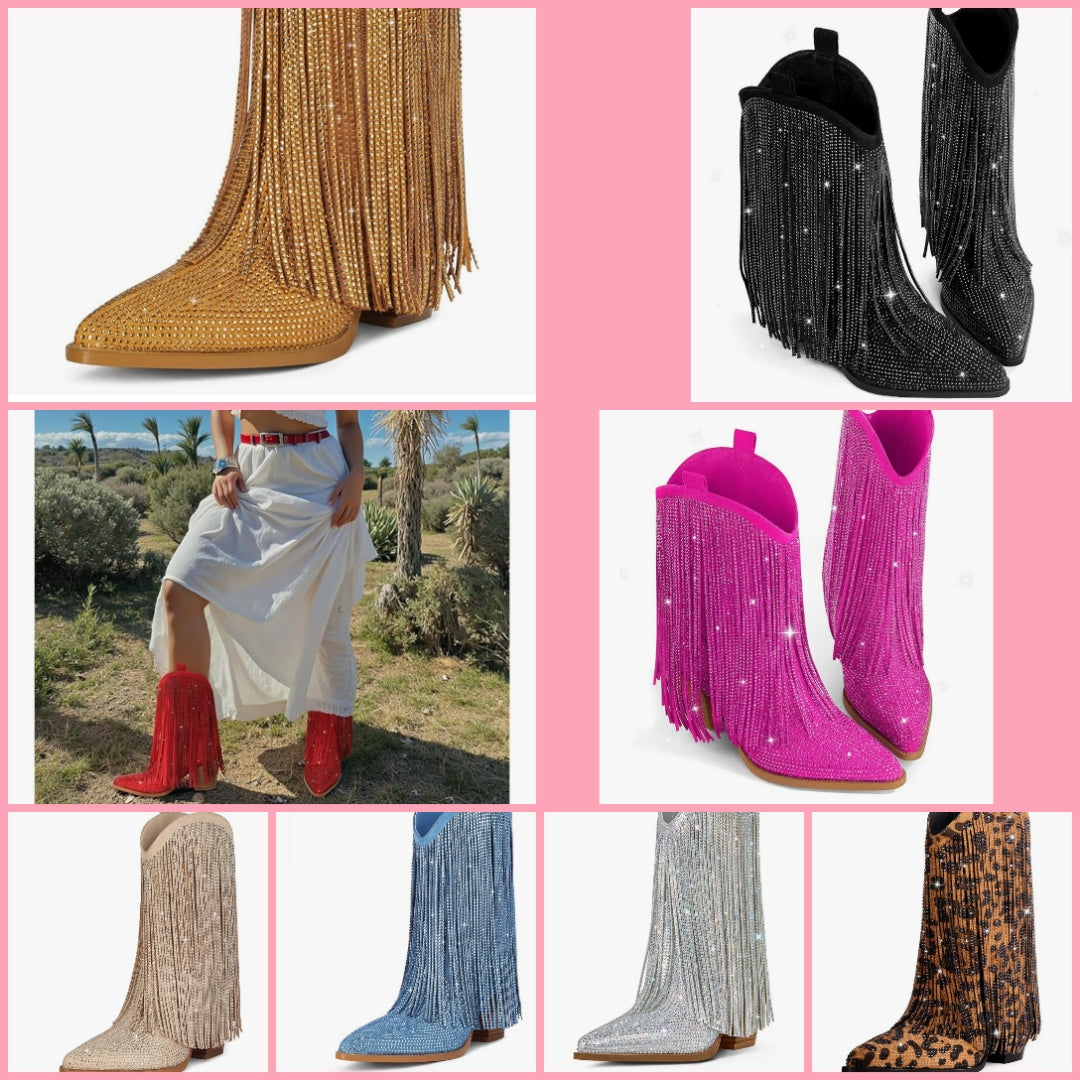 Cowgirl Boots Rhinestone with Sparkly Fringe Pointed Toe Western Boot Chunky Heel Pull-On Wide Calf