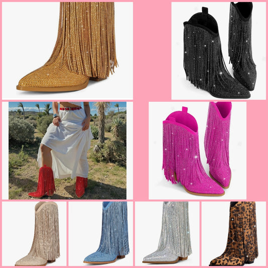 Cowgirl Boots Rhinestone with Sparkly Fringe Pointed Toe Western Boot Chunky Heel Pull-On Wide Calf