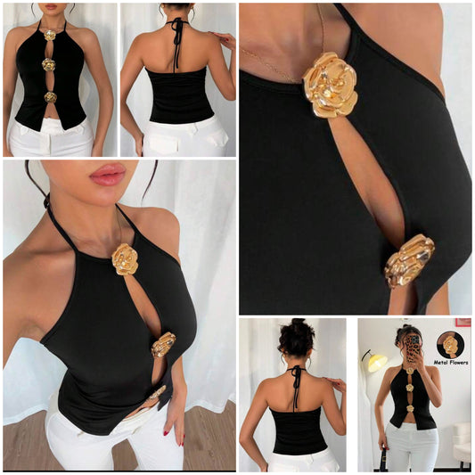 Metal 3D Flower Decor Hollow Casual Camisole COCOMONEY