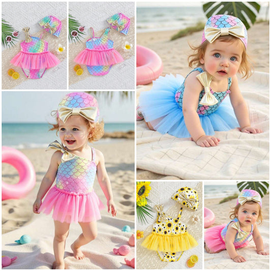 2pcs Baby Girls Multicolor Suspender Mesh Swimsuit With Bow Swim Cap, Summer Swimming Outfit