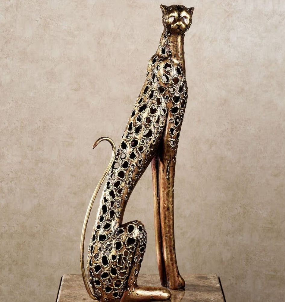 Cheetah Sculpture Bronze Gold Large - Jungle Room Decorations - African Table Sculptures Decor - 23 Inches High