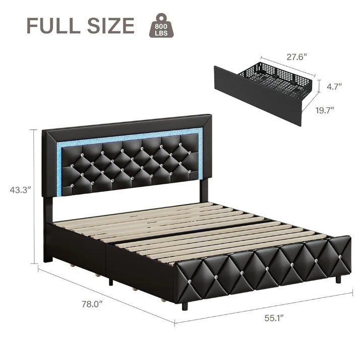 Full Size Bed Frame with LED Lights, Upholstered Bed Frame with Storage Drawers, Princess Platform Bed with Diamond Headboard and Footboard, No Box Spring Needed,