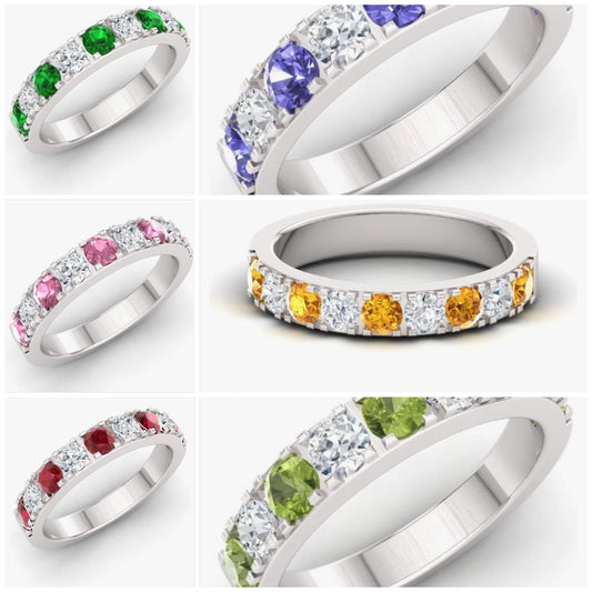 COCOMONEY Natural and Certified Gemstone and Diamond Wedding Ring in 10K White Gold | 0.92 Carat Half Eternity Stackable Band for Women, US Size 6