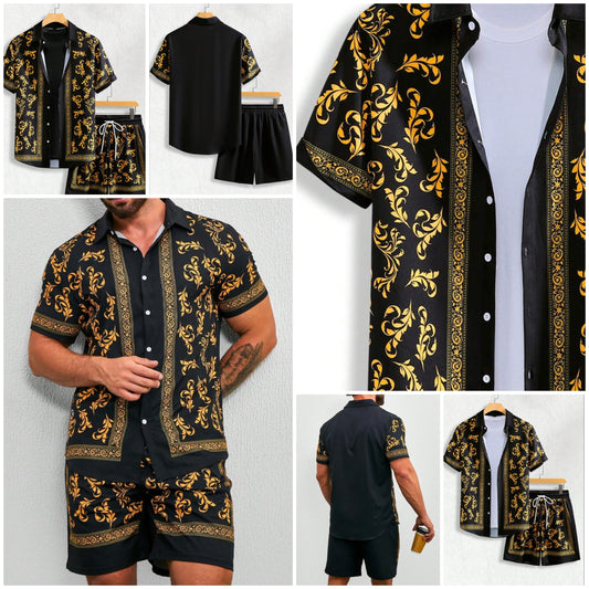 Men's Printed Short Sleeve Shirt And Shorts Set COCOMONEY