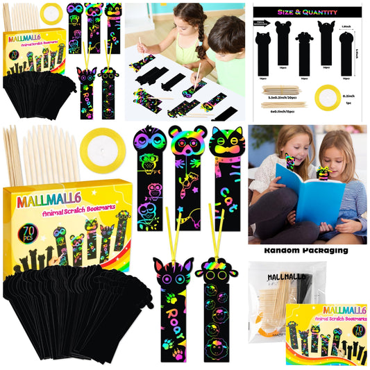 70Pcs Animal Scratch Bookmarks Scratch DIY Hang Tags Party Favors Theme Birthday Party Classroom School Supplies Decorations Crafts Kit for Kids