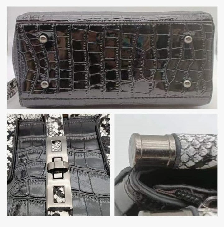 Women Patent Faux Leather Satchel Handbag Crocodile Tote Purse Snakeskin Handle Shoulder Bag,Gift