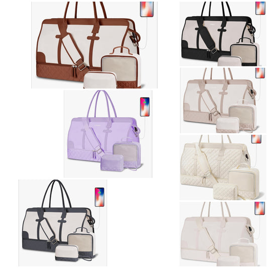 Weekender Overnight Bag for Women, Large Travel Duffle Bag with Shoe Compartment & Wet Pocket, Carry On Tote Bag Gym Duffel Bag with Toiletry Bag, 3 Pcs Set, Large Size,