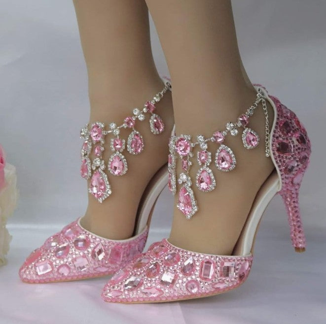Womens Rhinestone Wedding Shoes Party Pumps with Ankle Chains
