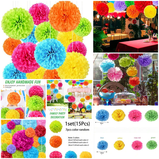 15pcs Birthday/Bridal Shower/Bachelorette Party Gift Decoration Paper Flower Balls, 10" 12"14" Colorful Party Decorative Tissue Pom Poms, Paper Flowers, holiday