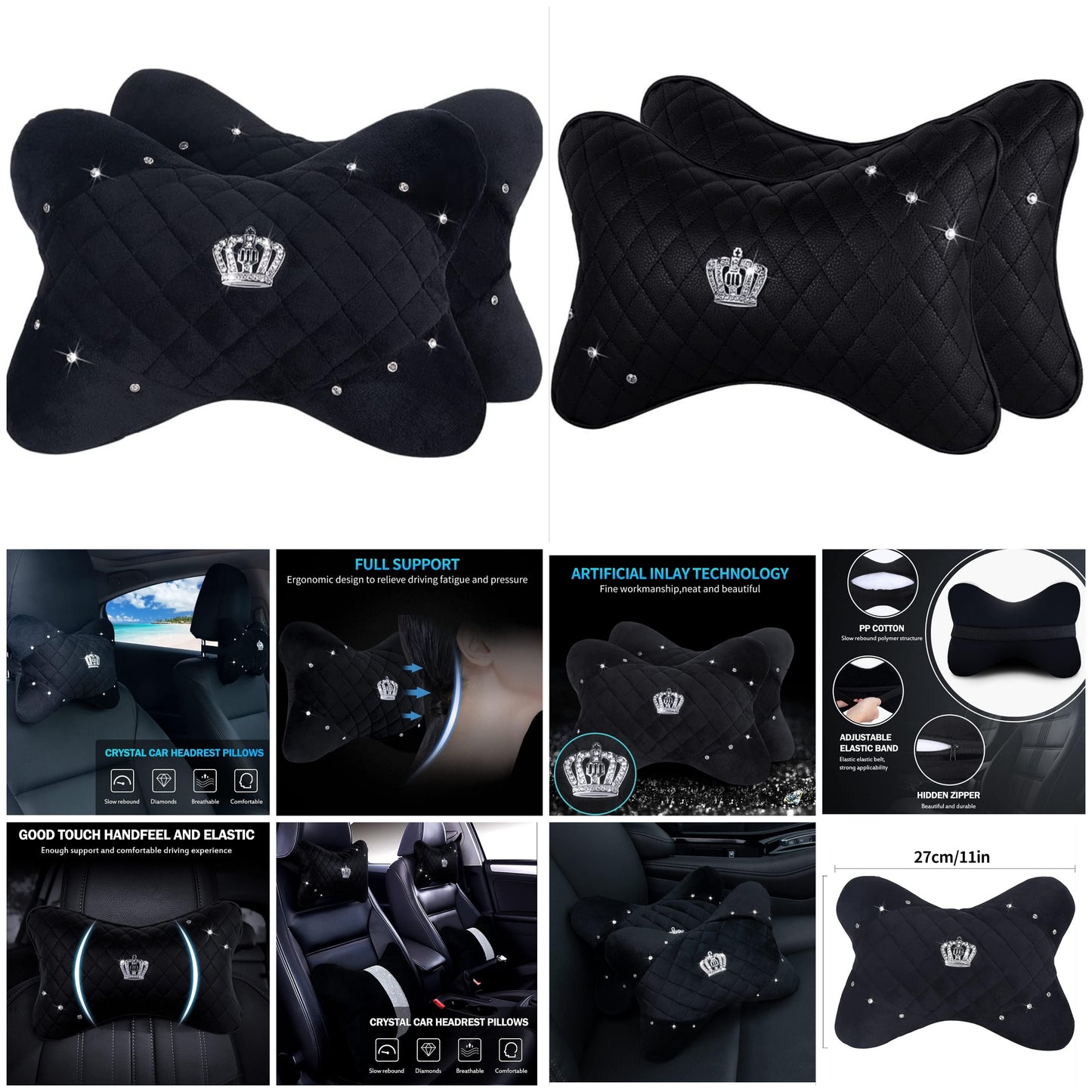 2PCS Car Neck Pillow with Bling Rhinestones Crown Universal Bone-Shaped Vehicle Headrest Cushion for Women Girls,Black